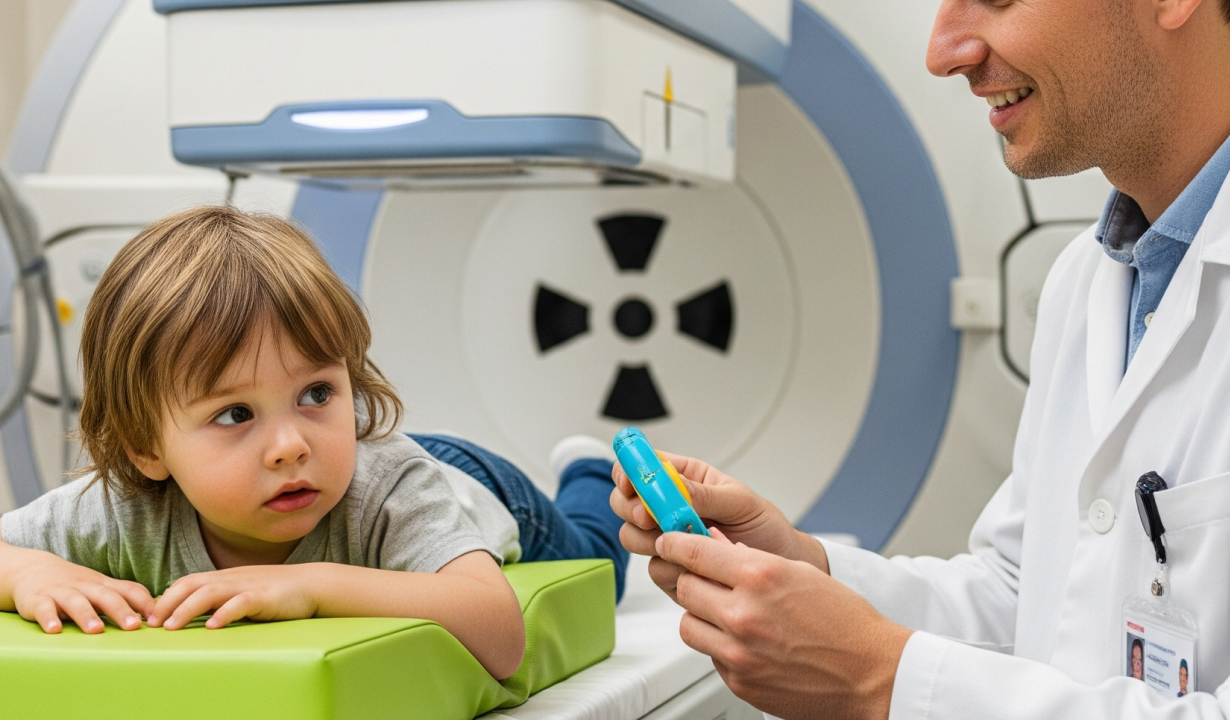 Imagen de un niño en un entorno médico, posiblemente interactuando con un profesional de la salud o equipo, para representar la aplicación de medicina nuclear en pediatría.