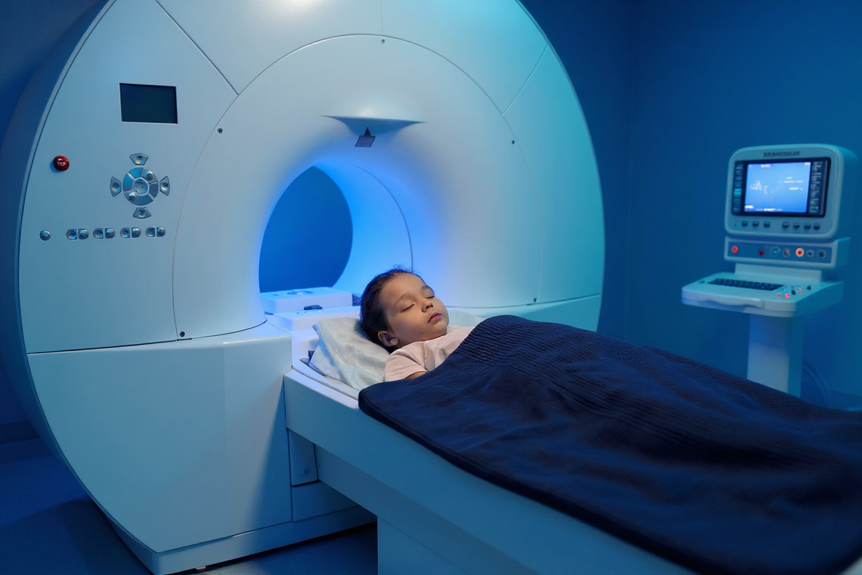 Imagen de una cámara Gamma o equipo PET con un niño sedado o durmiendo, para ilustrar que los procedimientos no son dolorosos y pueden realizarse bajo sedación.